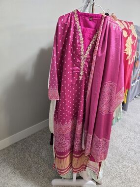 Semi Silk  Embroidered Ethnic Dress with Matching Scarf/Duppata